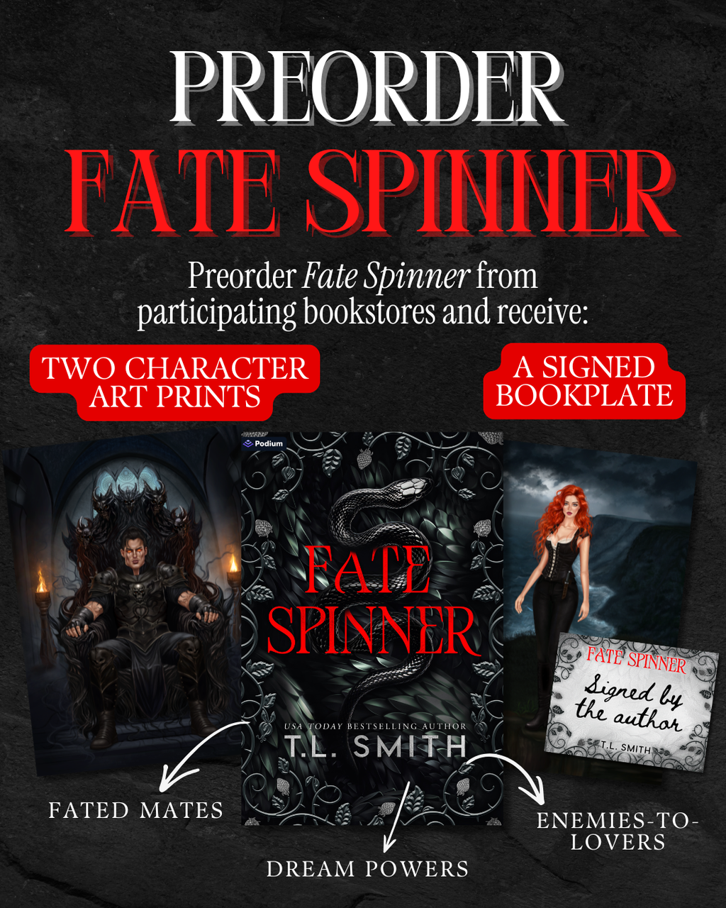 Promotional graphic for the book 'Fate Spinner' by T.L.