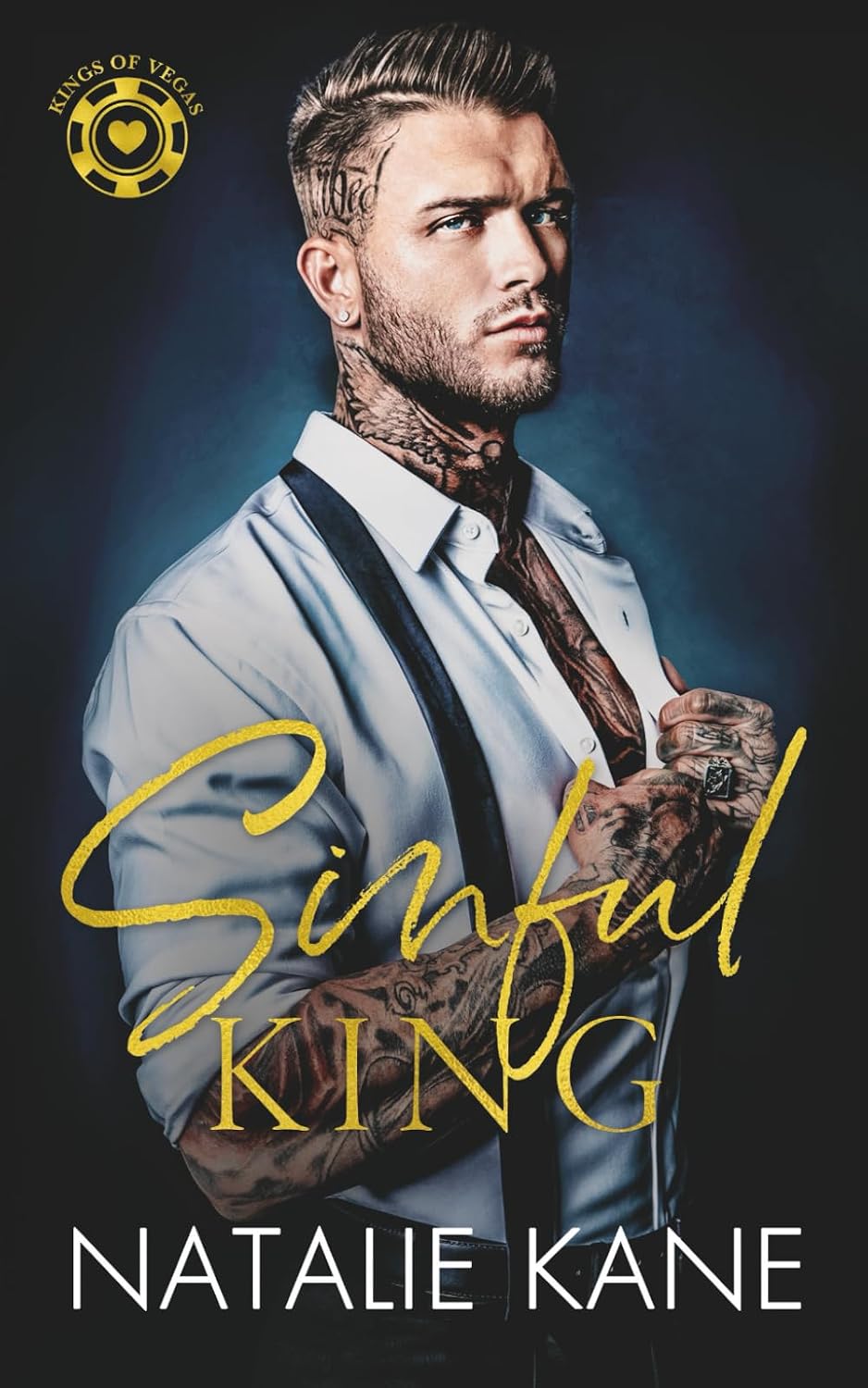 Book cover for 'Sinful King' by Natalie Kane, featuring a tattooed man in a light blue shirt and suspenders against a dark background.